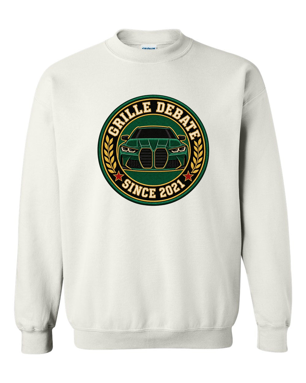 BMW G80 M3 varsity crest print with grille debate since 2021 text white crewneck front view with the design