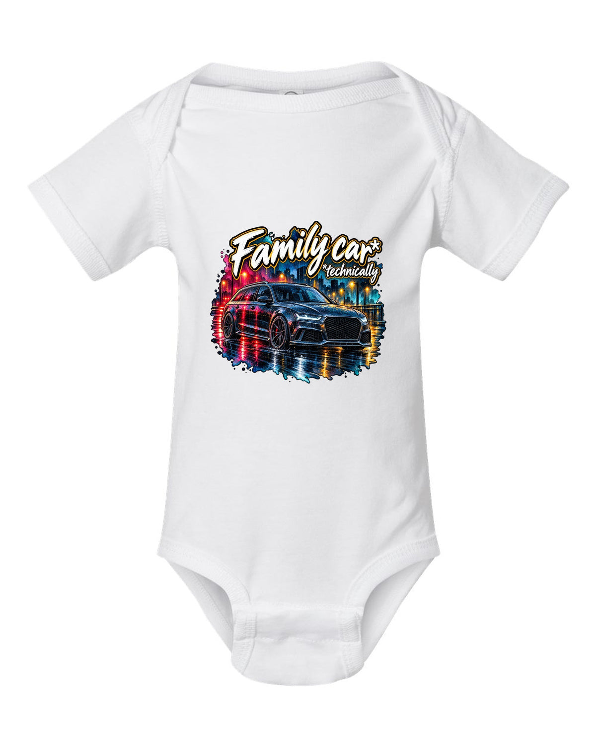 Watercolour wet-road night design of the Audi RS6 Avant C7 4G with family car technically lettering white baby onesie front view with the design