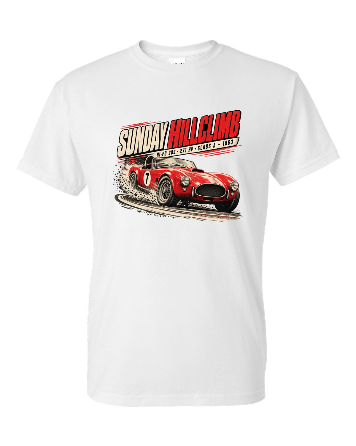 Race poster print of a 1963 289 roadster at a Sunday hillclimb white t-shirt front view with the design