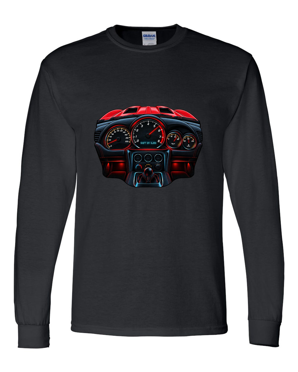 Gauge-cluster HUD design for a 2015 Dodge Viper VX I reading shift by 6,200 black long sleeve front view with the design