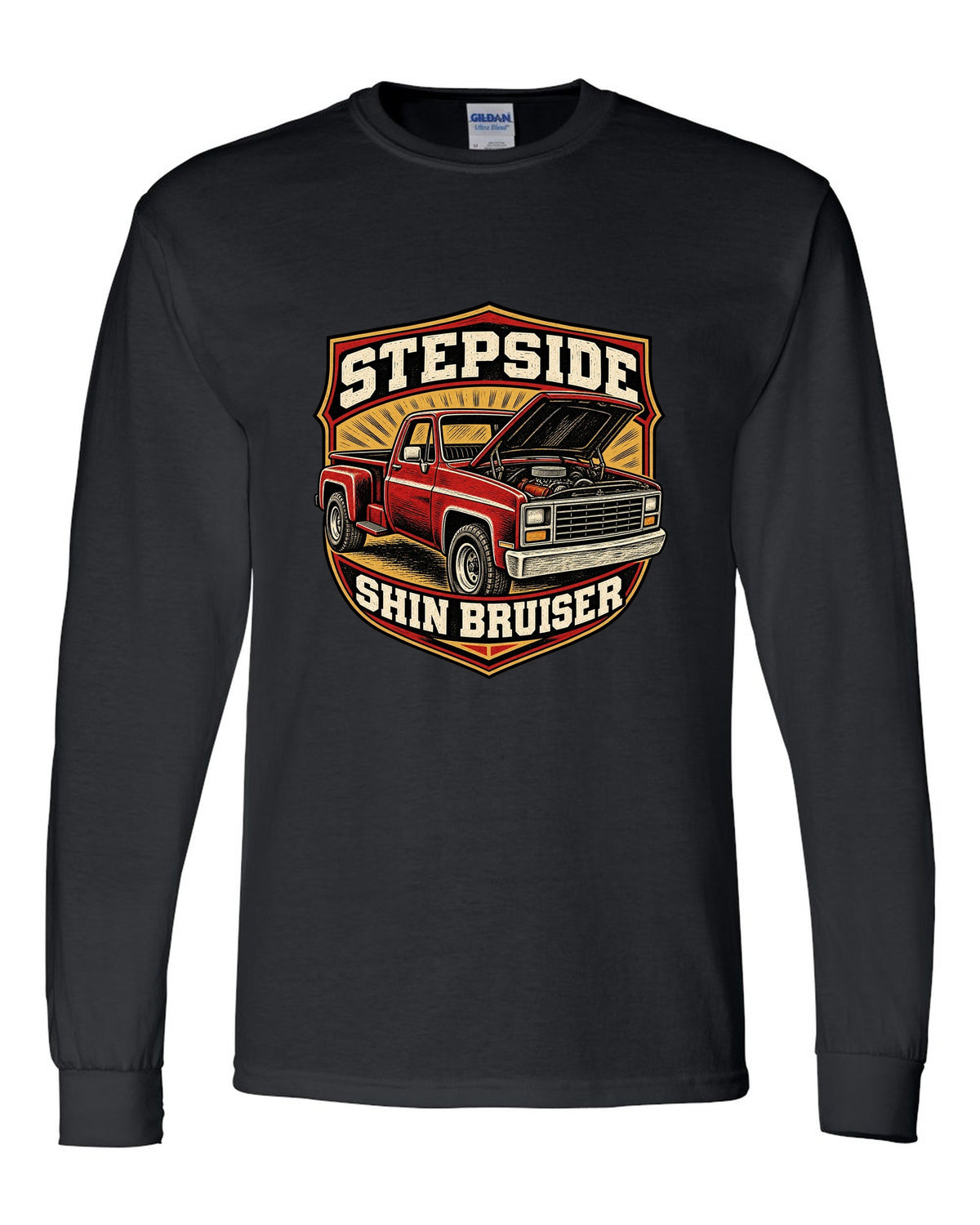 Linocut woodcut print of a 1973-87 Chevrolet C10 Squarebody Stepside with hood up and shin bruiser text black long sleeve front view with the design