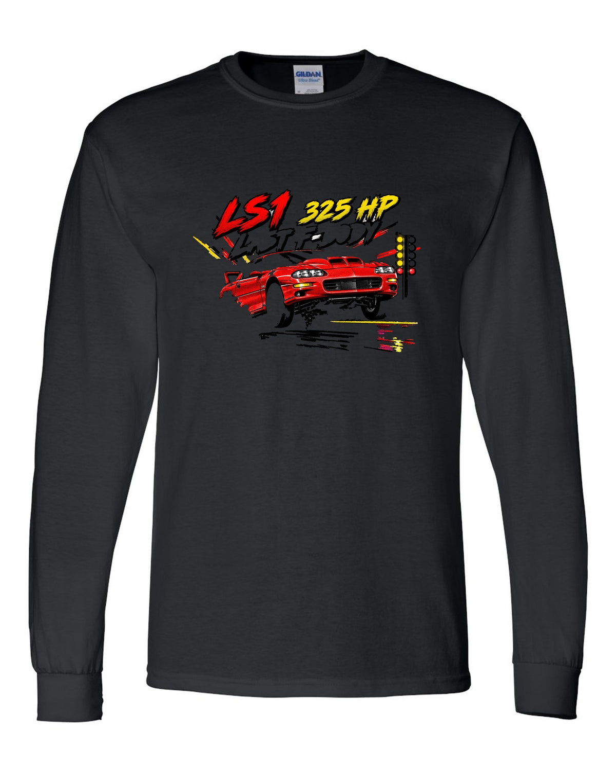 2002 Chevrolet Camaro SS LS1 retro manga halftone panel print black long sleeve front view with the design