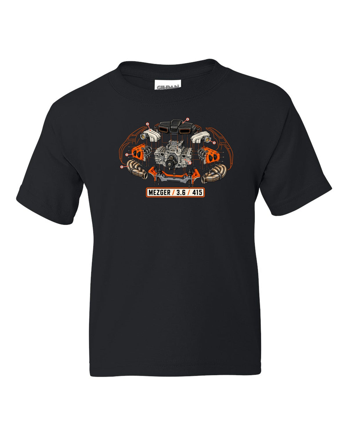 Porsche 992 Targa roll hoop sunset gradient minimalist design black kids tee front view with the design