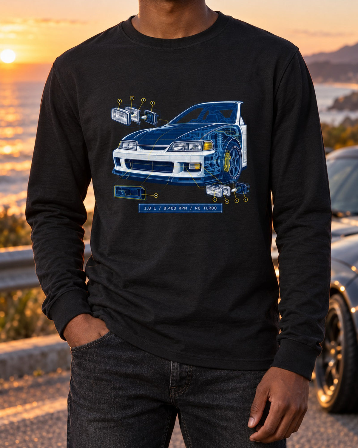 Honda Integra Type R DC2 B18C Blueprint Shirt, 8,400 RPM Long Sleeve Black worn hero