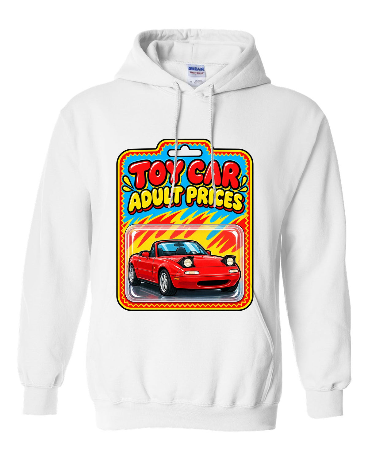 Toy car blister card style illustration of a Mazda MX-5 NA with adult prices text white pull over hoodie front view with the design