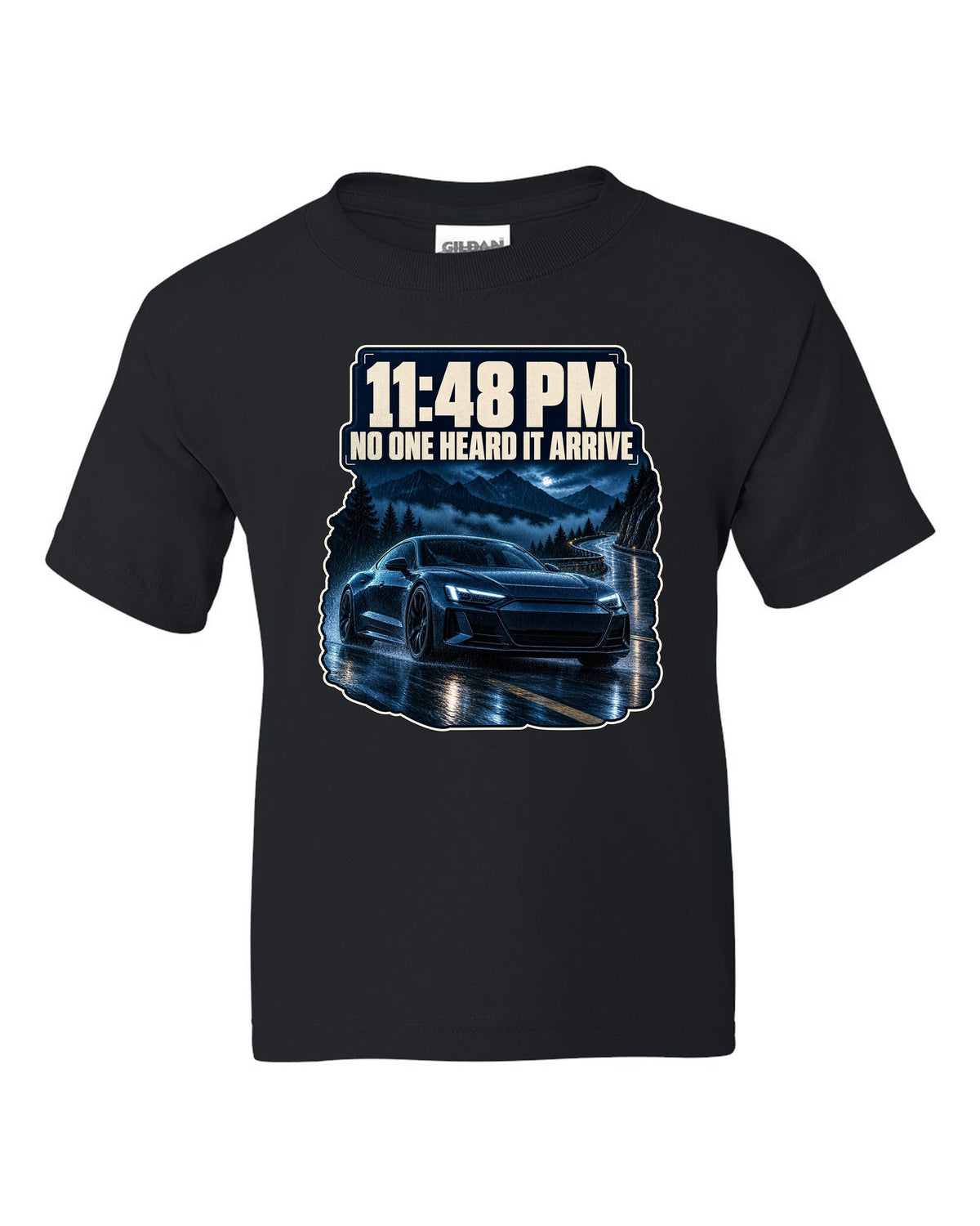 Audi RS e-tron GT on a wet night street blue monochrome print design black kids tee front view with the design