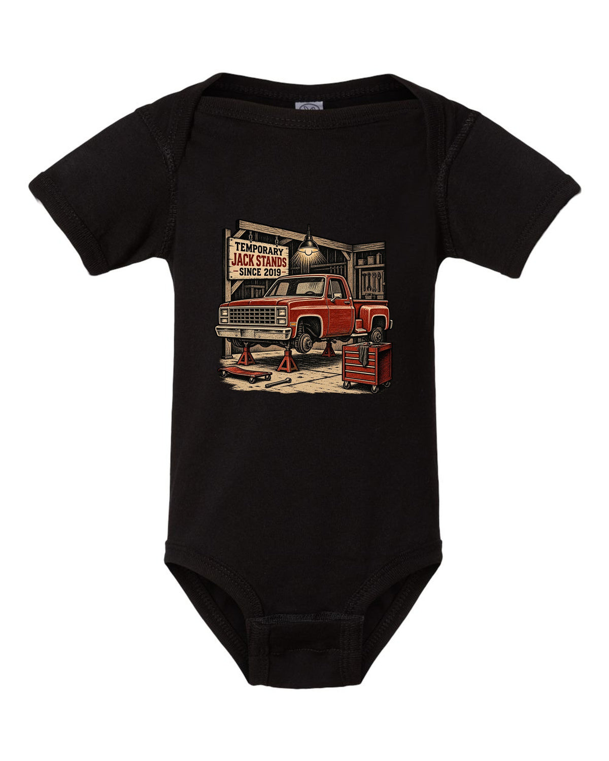 Linocut woodcut style print of a 1973-87 Chevrolet C10 Squarebody Stepside in a workshop with jack stands lettering black baby onesie front view with the design