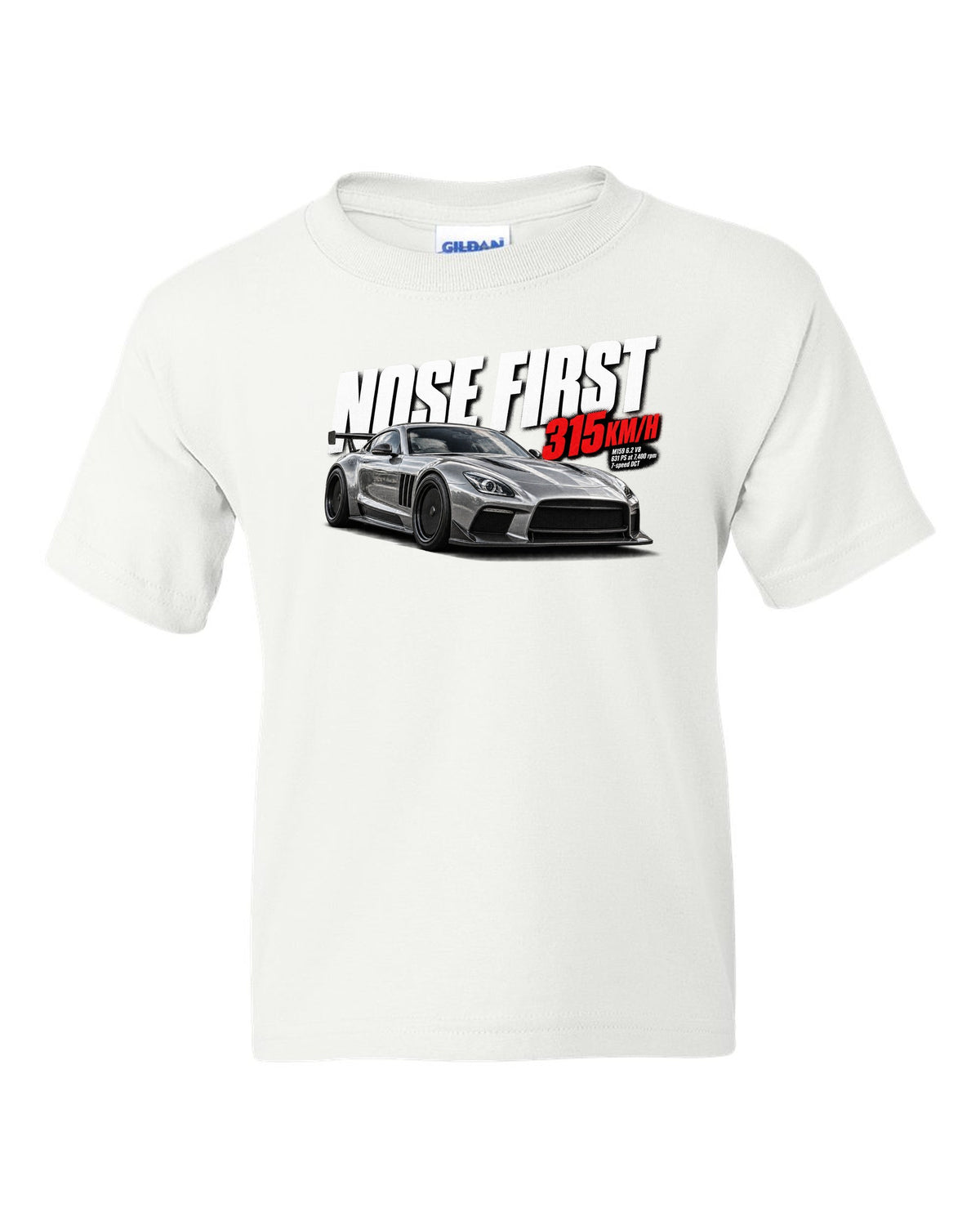 Halftone print of a Mercedes SLS AMG Black Series C197 with Nose First 315 km/h lettering white kids tee front view with the design
