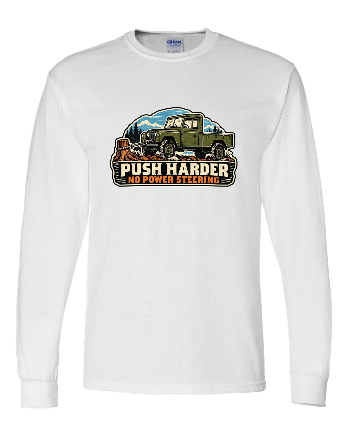 Linocut print of a Dodge Power Wagon WM300 flat fender winching with no power steering text white long sleeve front view with the design
