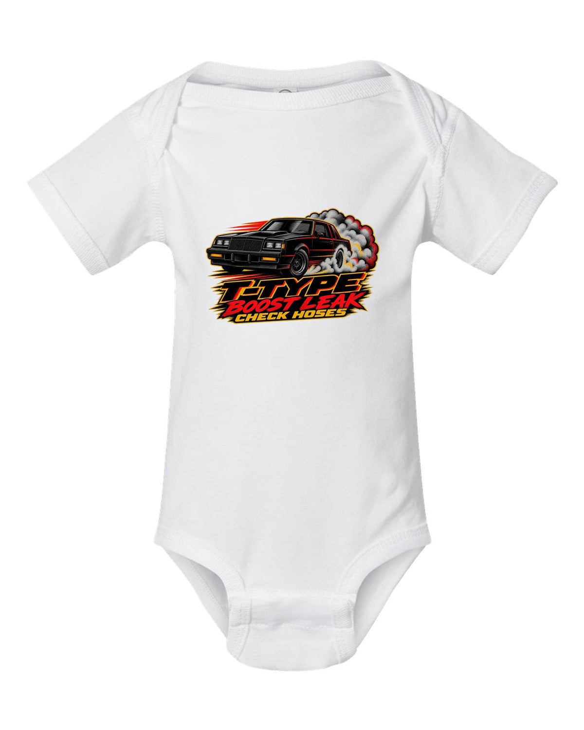 1986 Buick Regal T-Type G-body burnout in halftone screenprint style white baby onesie front view with the design