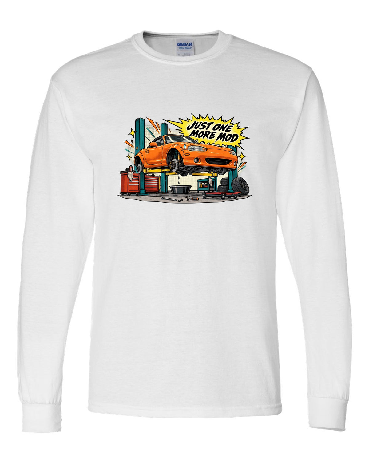 Retro manga halftone panel print of a Mazda MX-5 NB in a workshop with the text Just One More Mod white long sleeve front view with the design