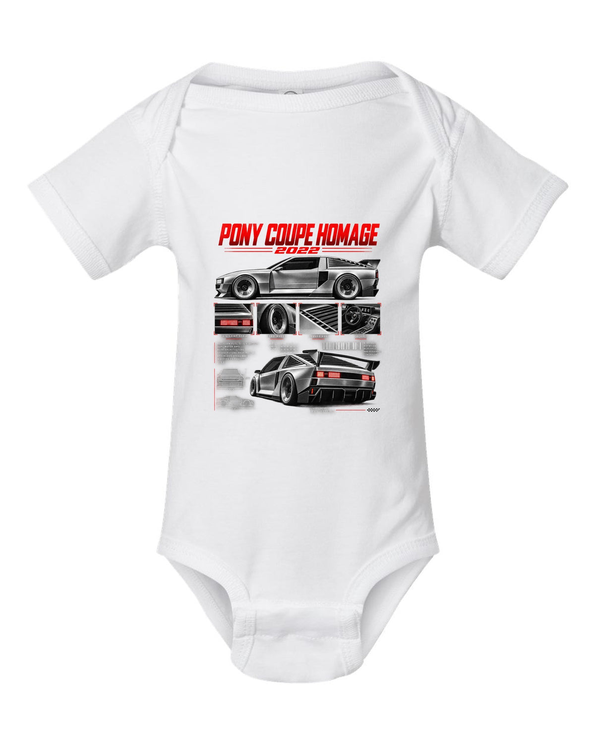 Hyundai N Vision 74 Dossier white baby onesie front view with the design