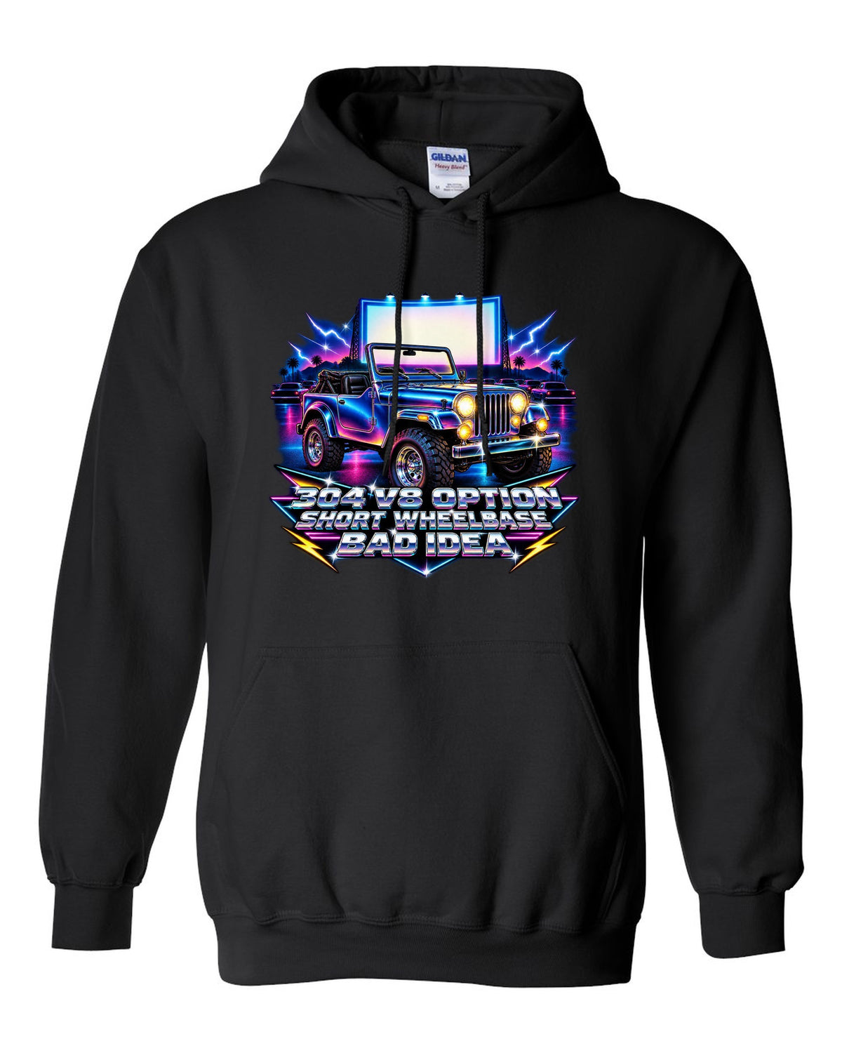 80s airbrush chrome print of a Jeep CJ-5 with 304 V8 option text black pull over hoodie front view with the design