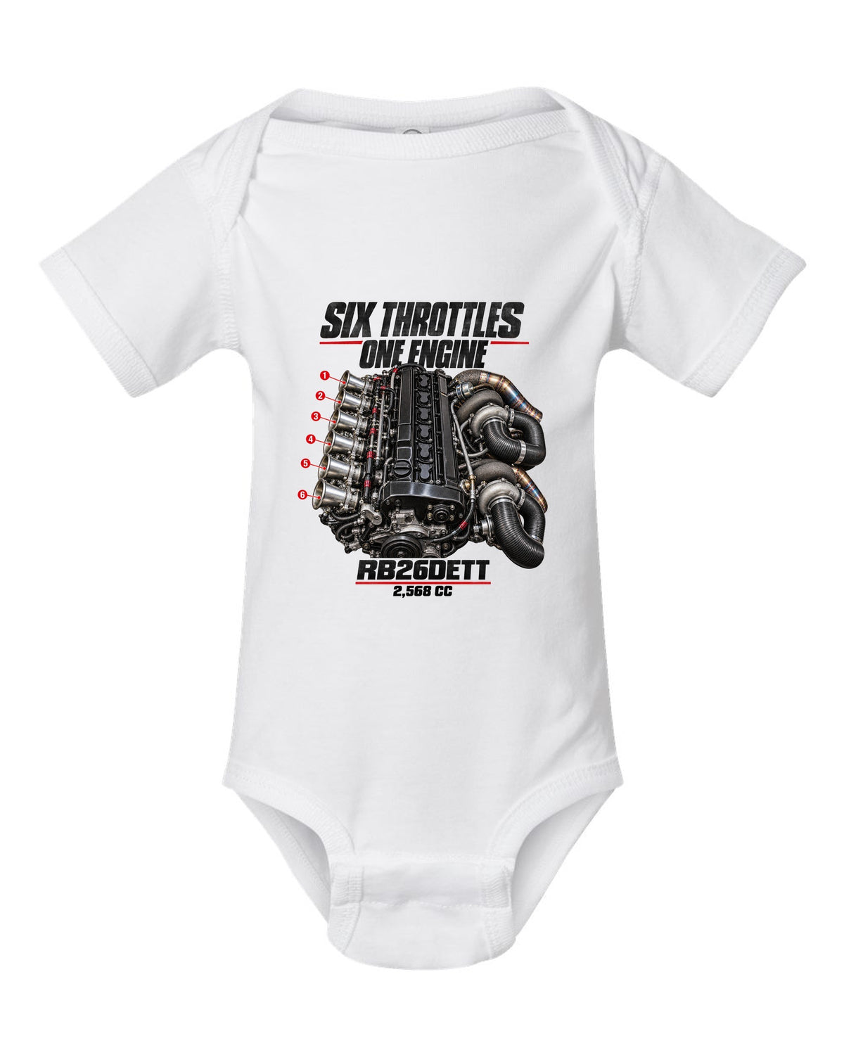 print of the RB26DETT six-throttle engine from the Nissan Skyline GT-R R32 white baby onesie front view with the design
