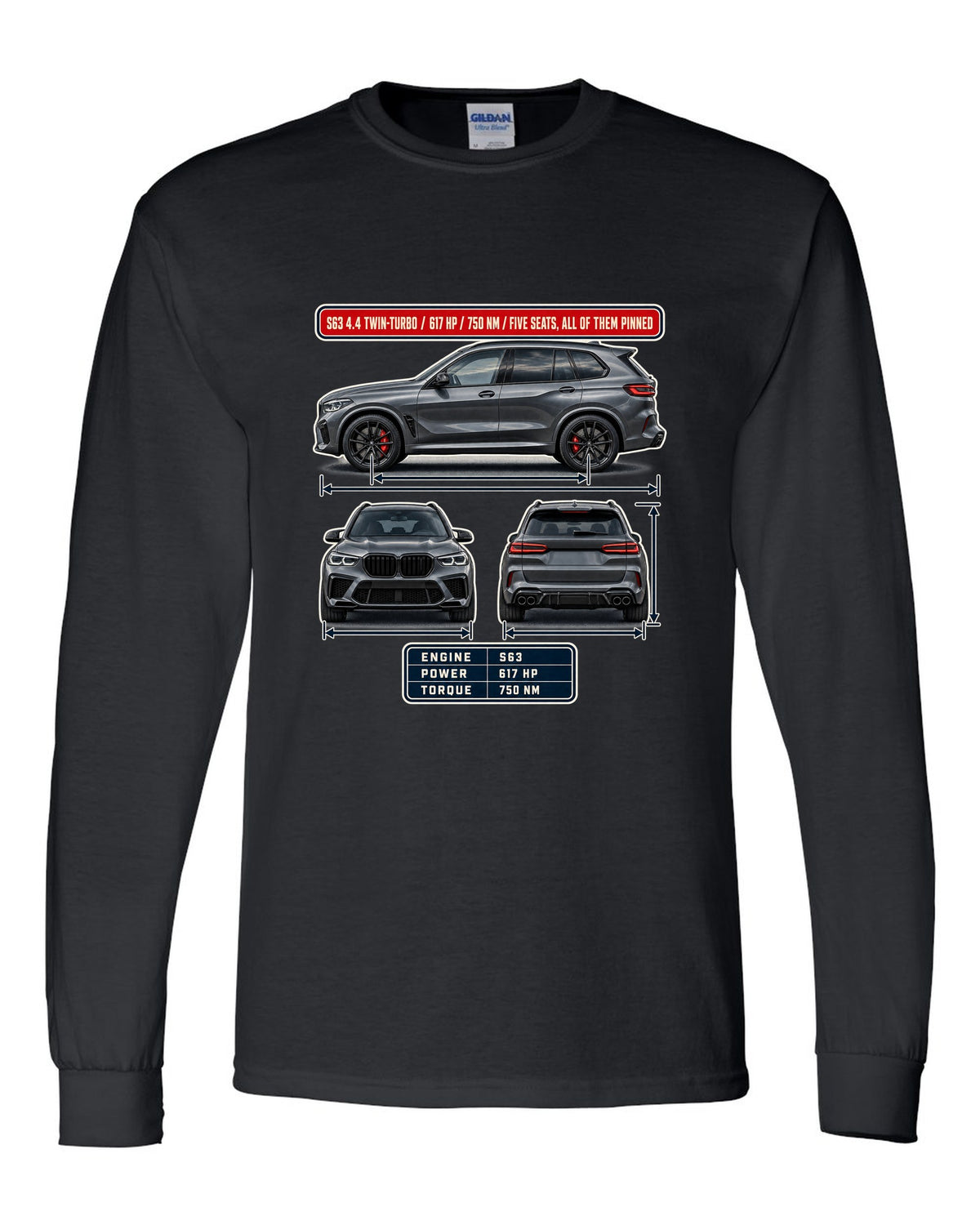 BMW X5 M Competition F95 three-view spec table print on a tee black long sleeve front view with the design