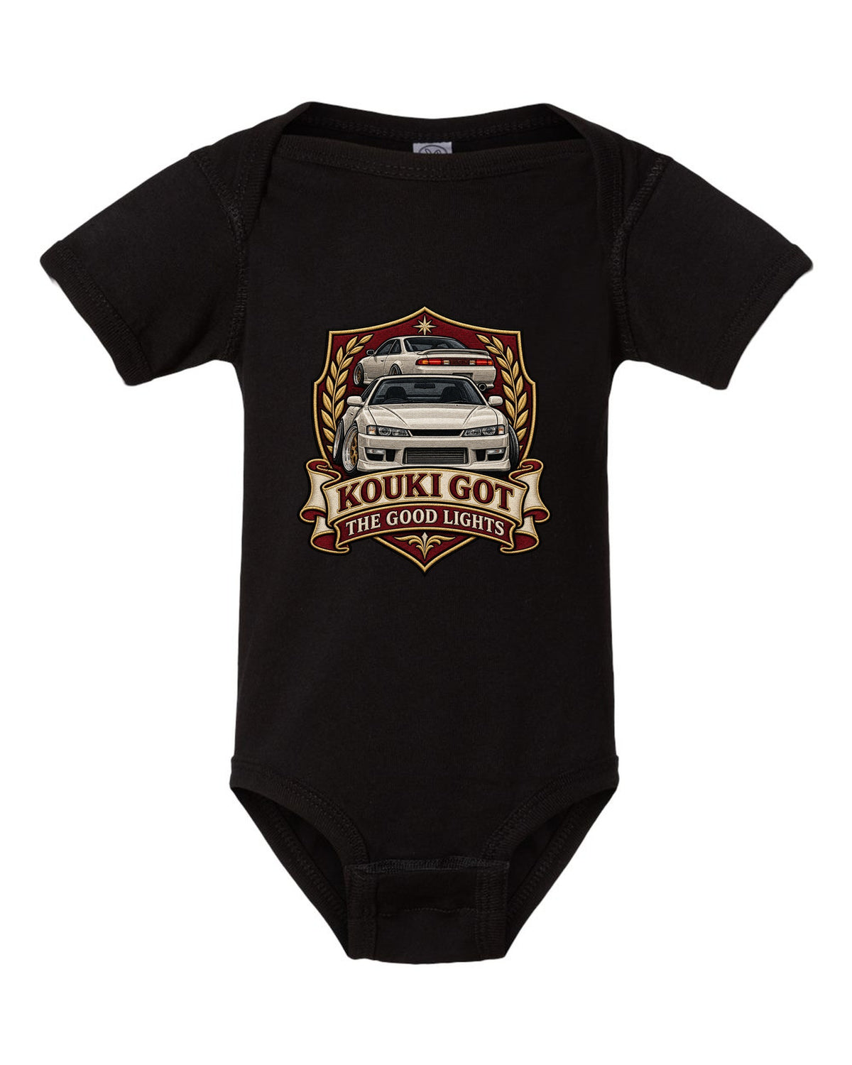 Embroidered shield crest print for the Nissan Silvia S14 kouki reading Kouki Got the Good Lights black baby onesie front view with the design
