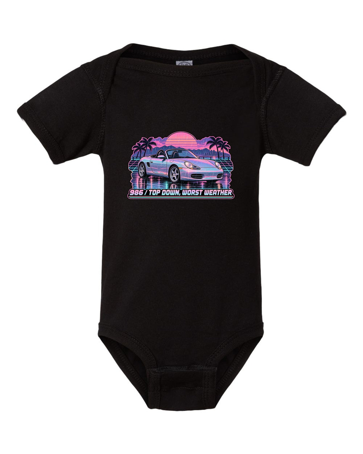 Lo-fi vaporwave Porsche Boxster 986 with the roof down black baby onesie front view with the design