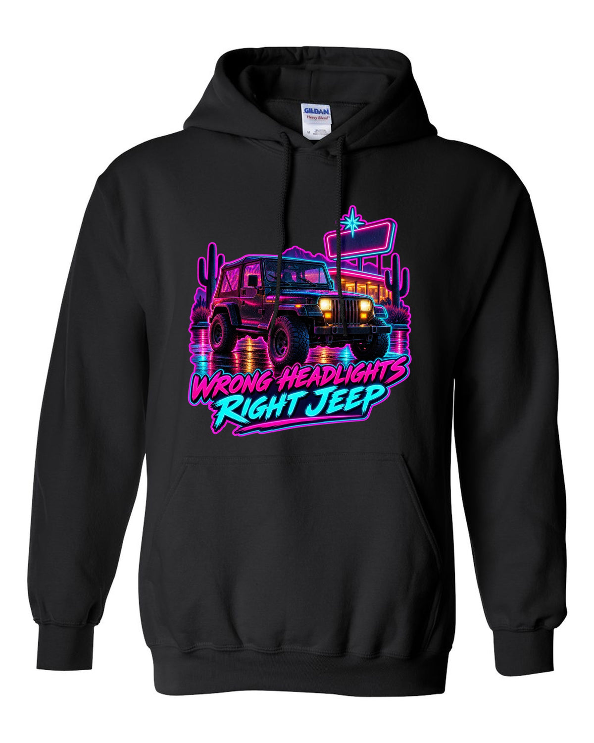 Synthwave diner scene illustration of a Jeep Wrangler YJ with WRONG HEADLIGHTS RIGHT JEEP lettering black pull over hoodie front view with the design