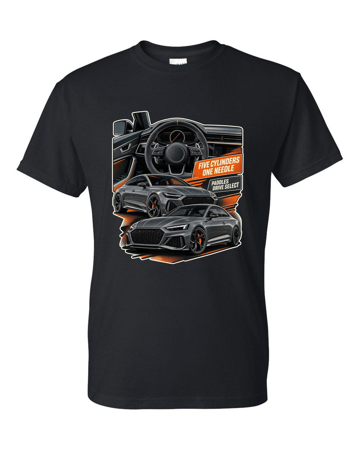 Interior and gauge cluster print of an Audi RS3 8Y black t-shirt front view with the design