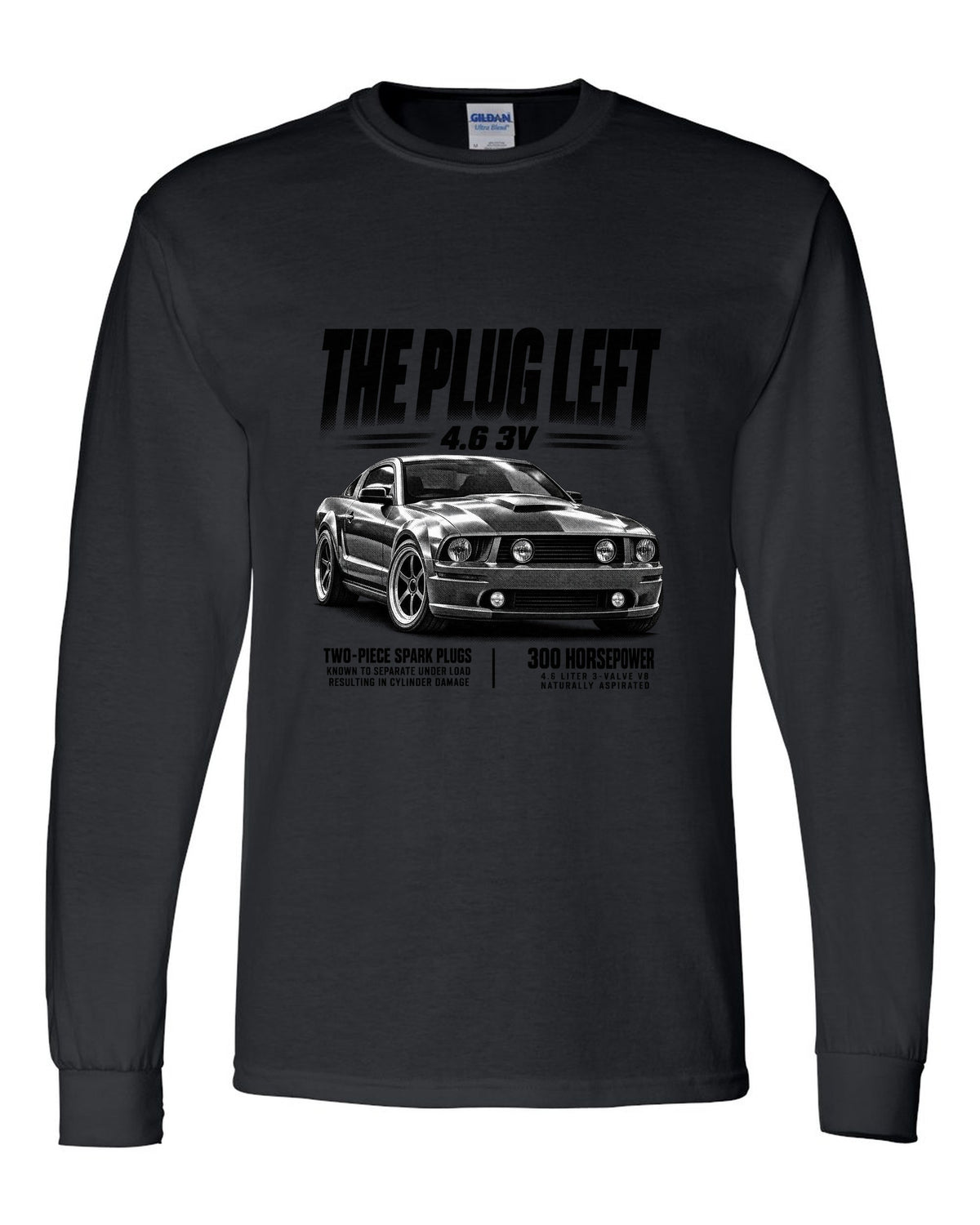 Halftone print of a 2005-09 Ford Mustang S197 GT with 4.6 3V text black long sleeve front view with the design