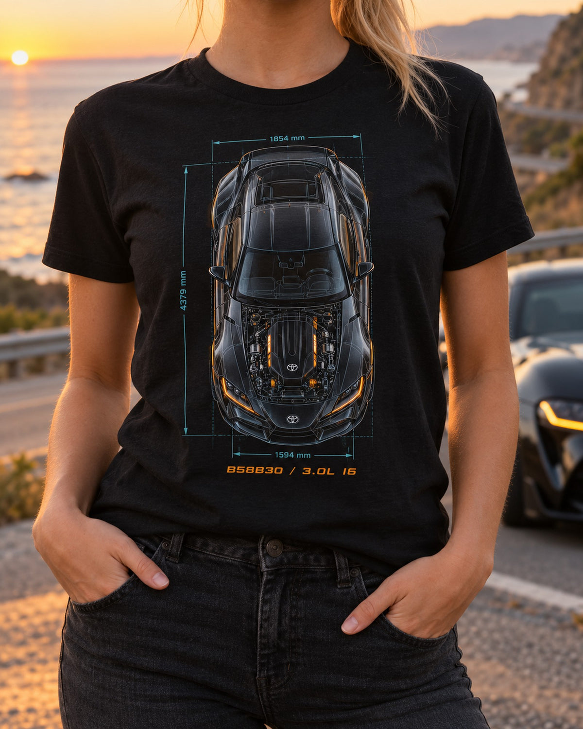 GR Supra A90 B58 Inline-Six Overhead Blueprint Shirt, Toyota Tee T-Shirt Black worn hero