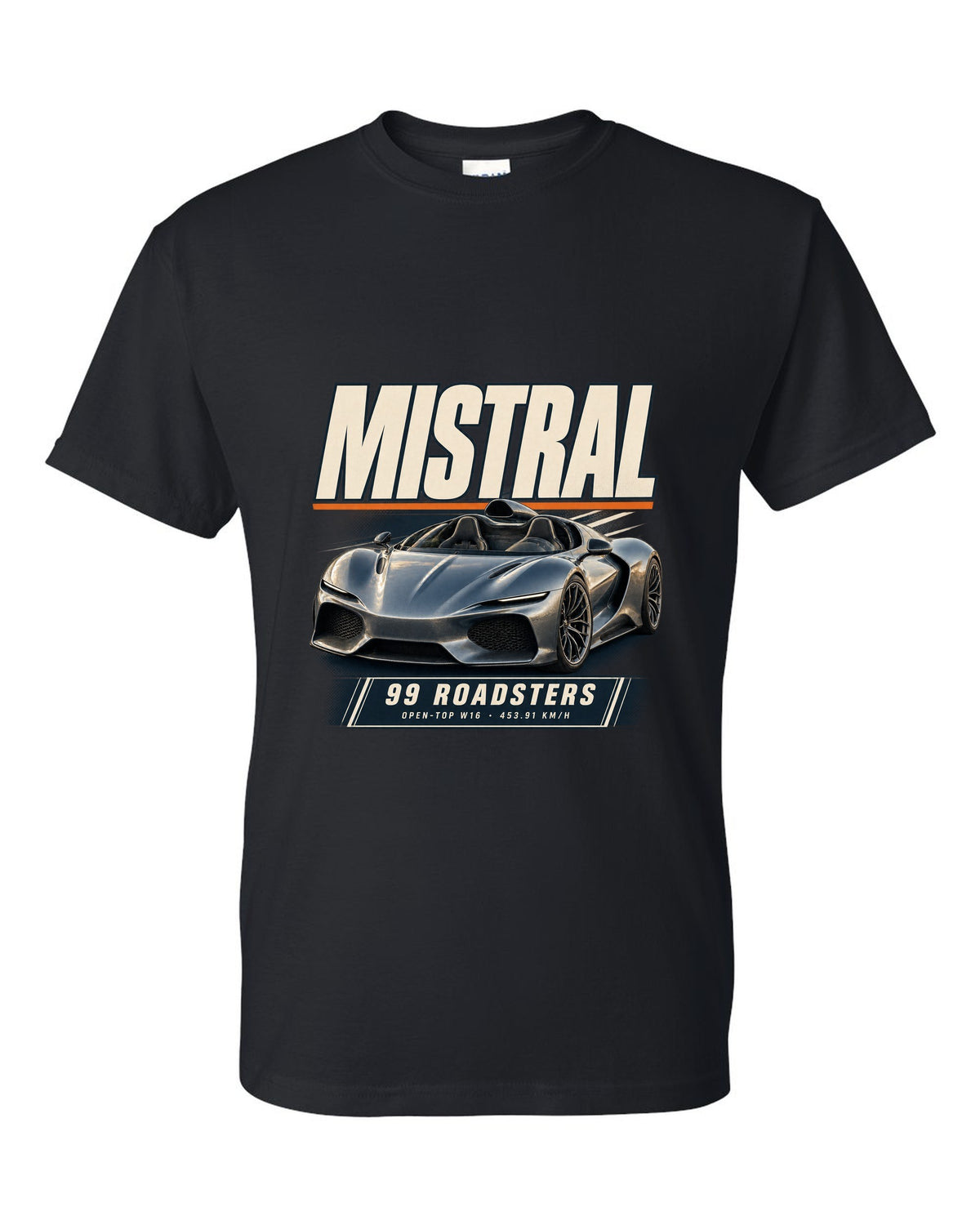 Editorial headline poster of the Bugatti Mistral open-top roadster, print black t-shirt front view with the design