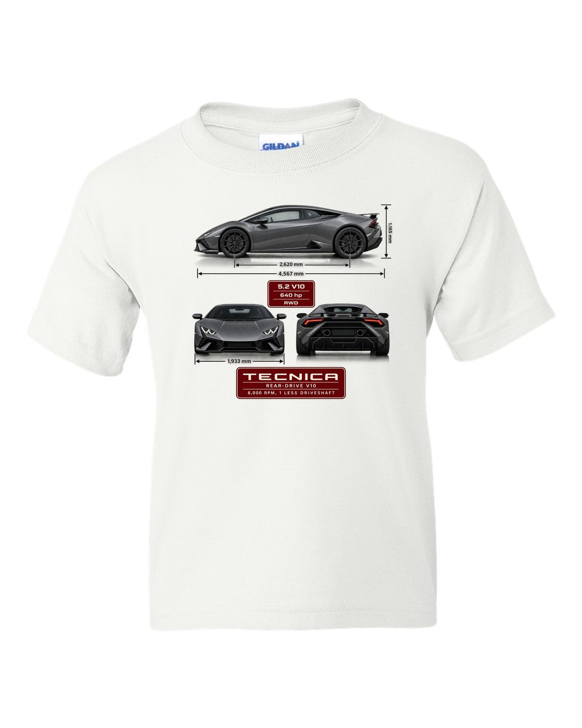 Three-view spec table print of the Lamborghini Huracan Tecnica white kids tee front view with the design