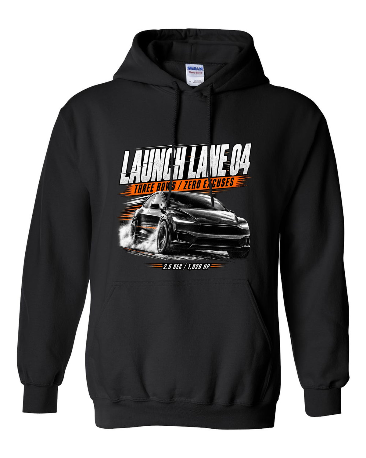 Tesla Model X Plaid front three-quarter launching in a race poster reading Launch Lane 04 black pull over hoodie front view with the design