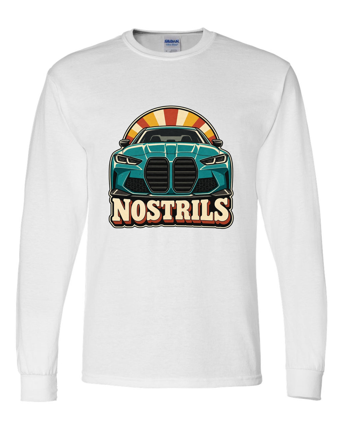 BMW G80 M3 retro catalogue ad style print with Nostrils text white long sleeve front view with the design