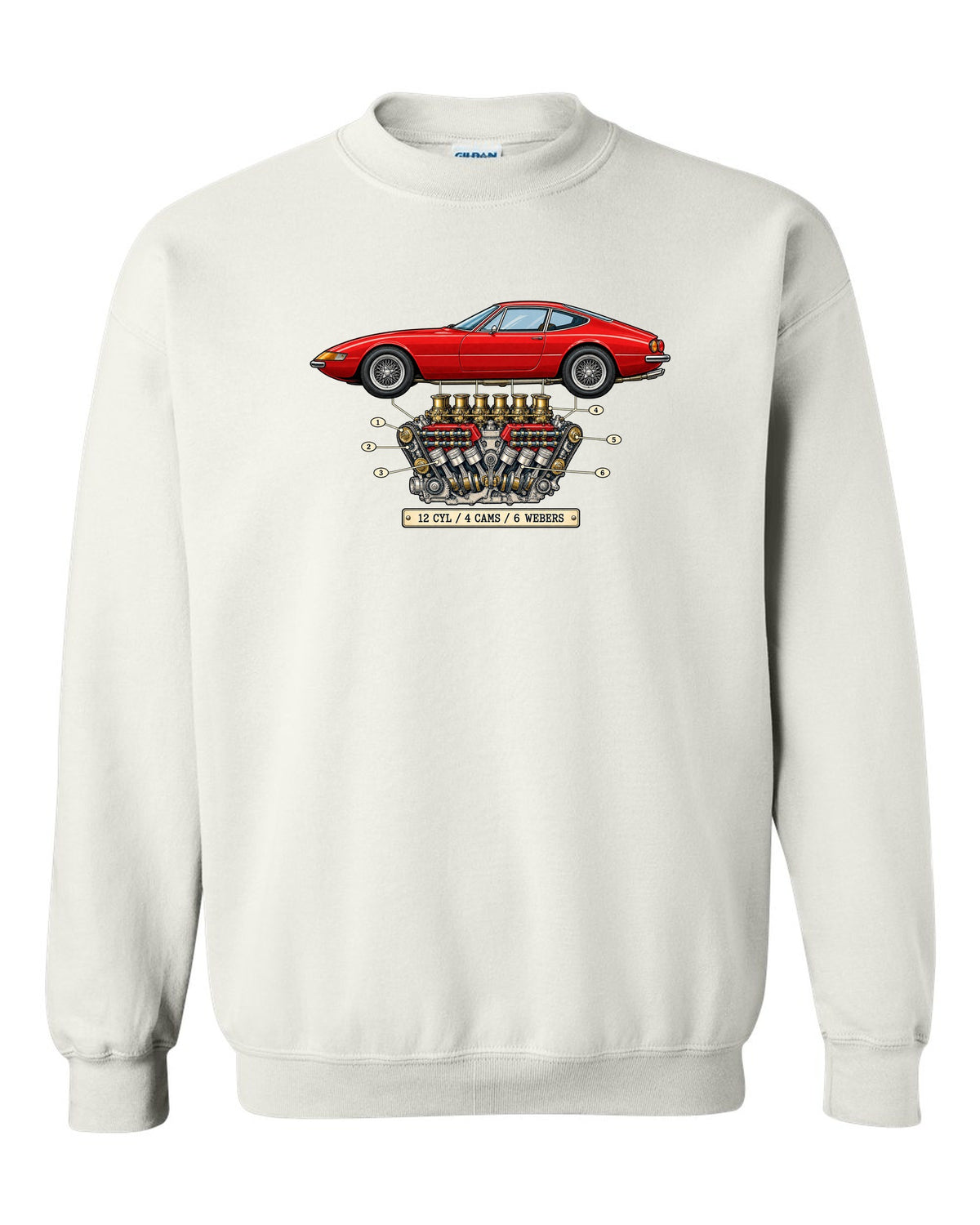Patent-style drawing of the Ferrari 365 GTB/4 Daytona V12 engine white crewneck front view with the design