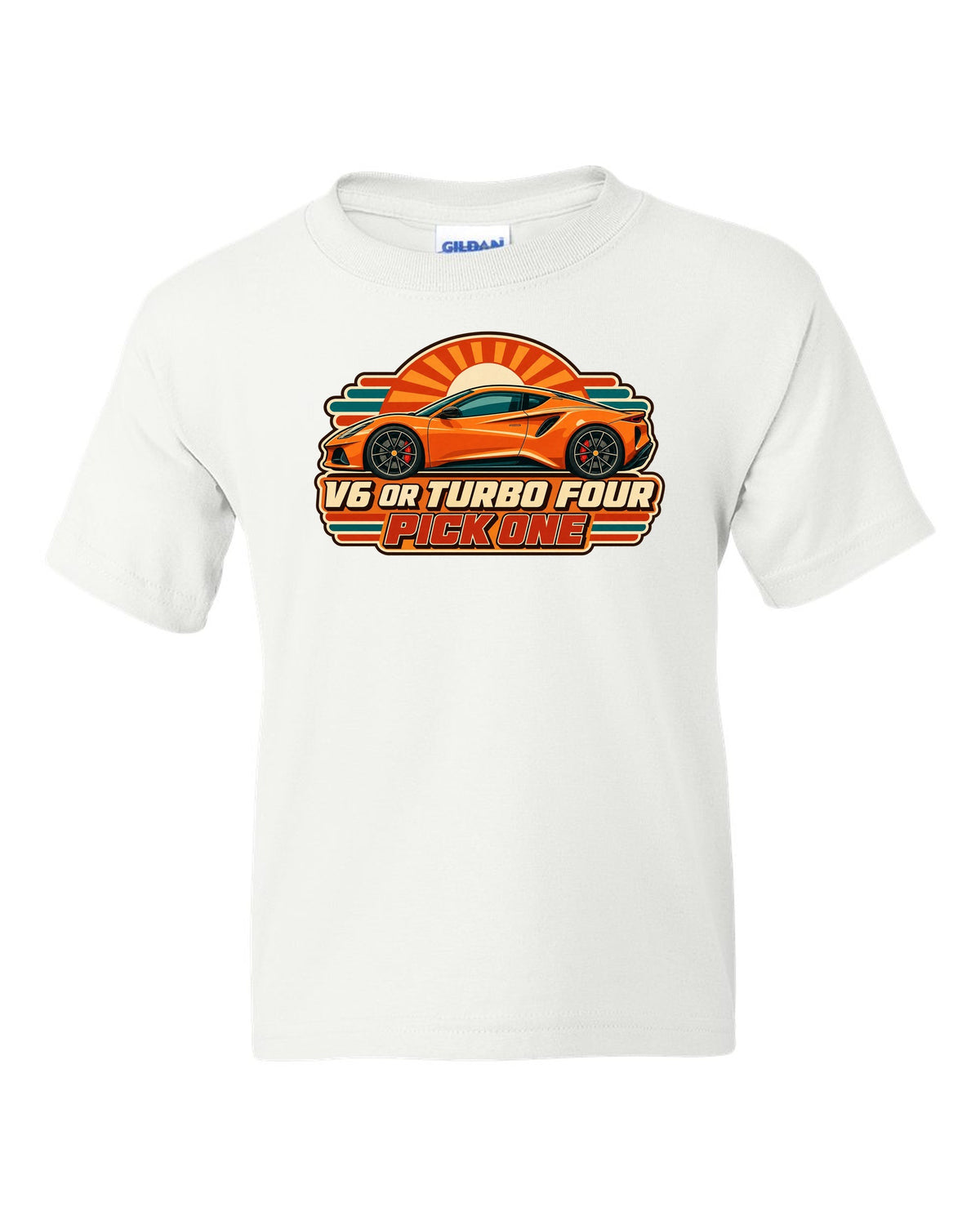 Lotus Emira in retro Japanese showa ad style with V6 OR TURBO FOUR PICK ONE lettering white kids tee front view with the design
