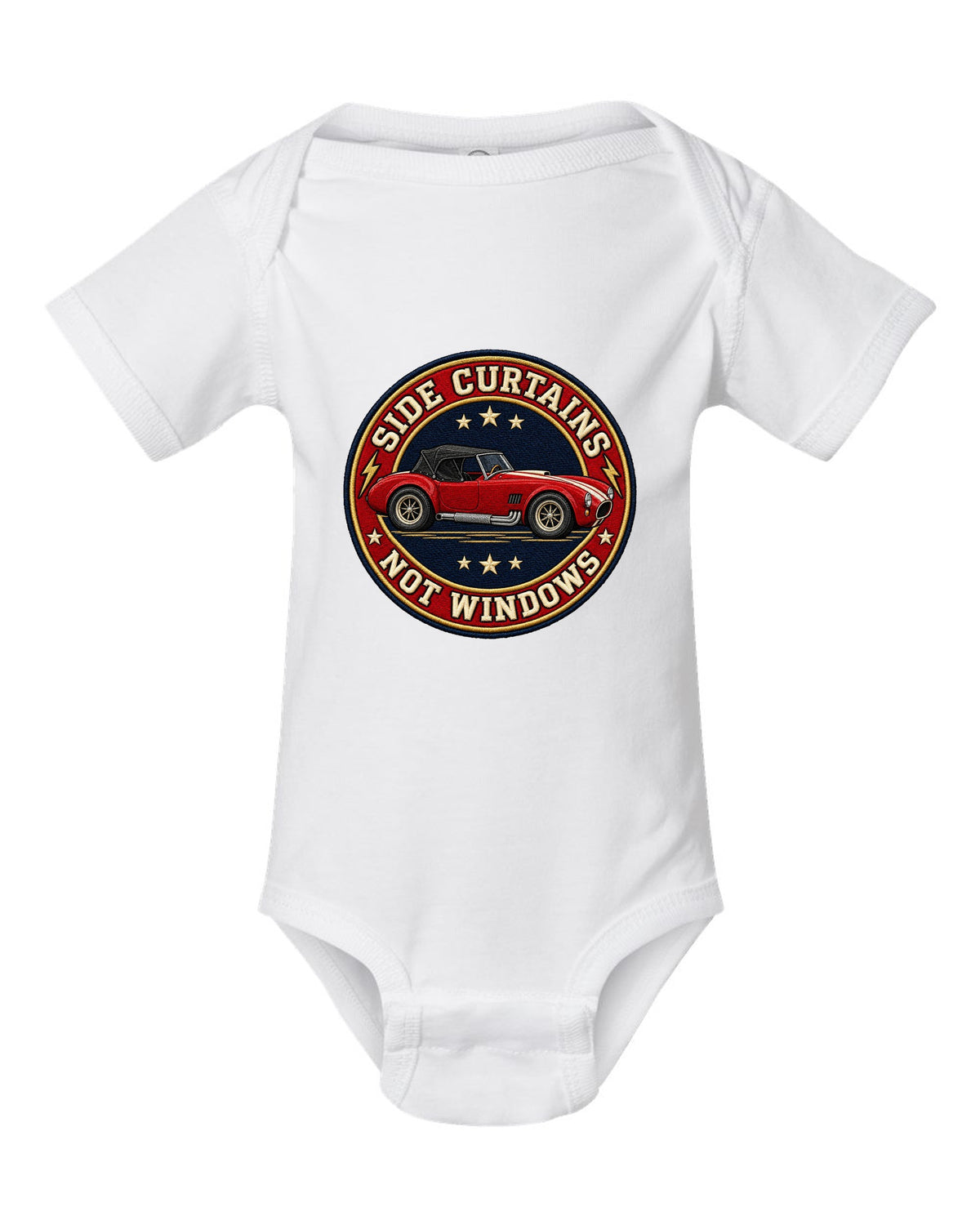 Embroidery-style varsity crest design with a 1992 Dodge Viper RT/10 SR I white baby onesie front view with the design
