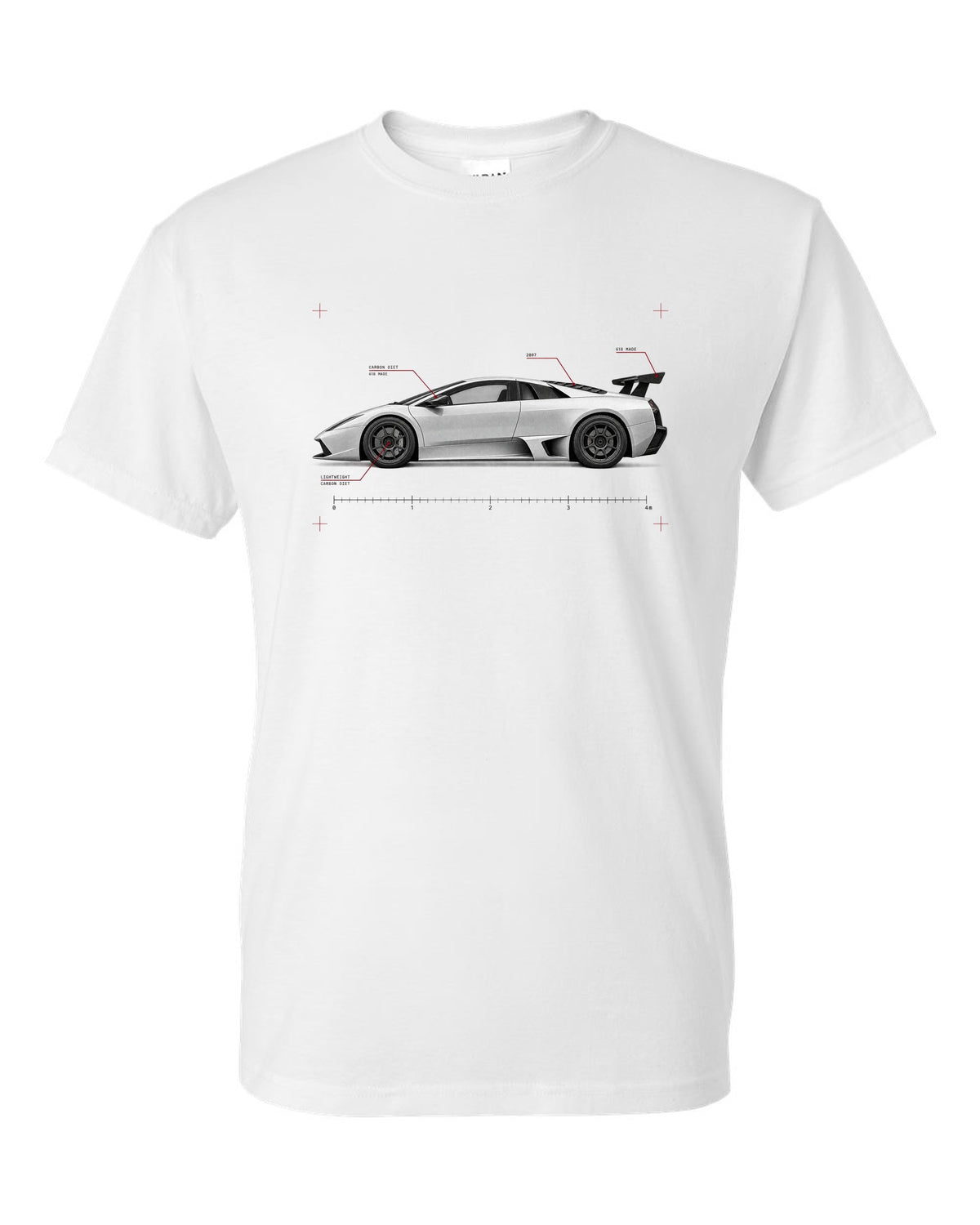 Spec poster print of a Lamborghini Gallardo Superleggera with 618 made and Carbon Diet text white t-shirt front view with the design