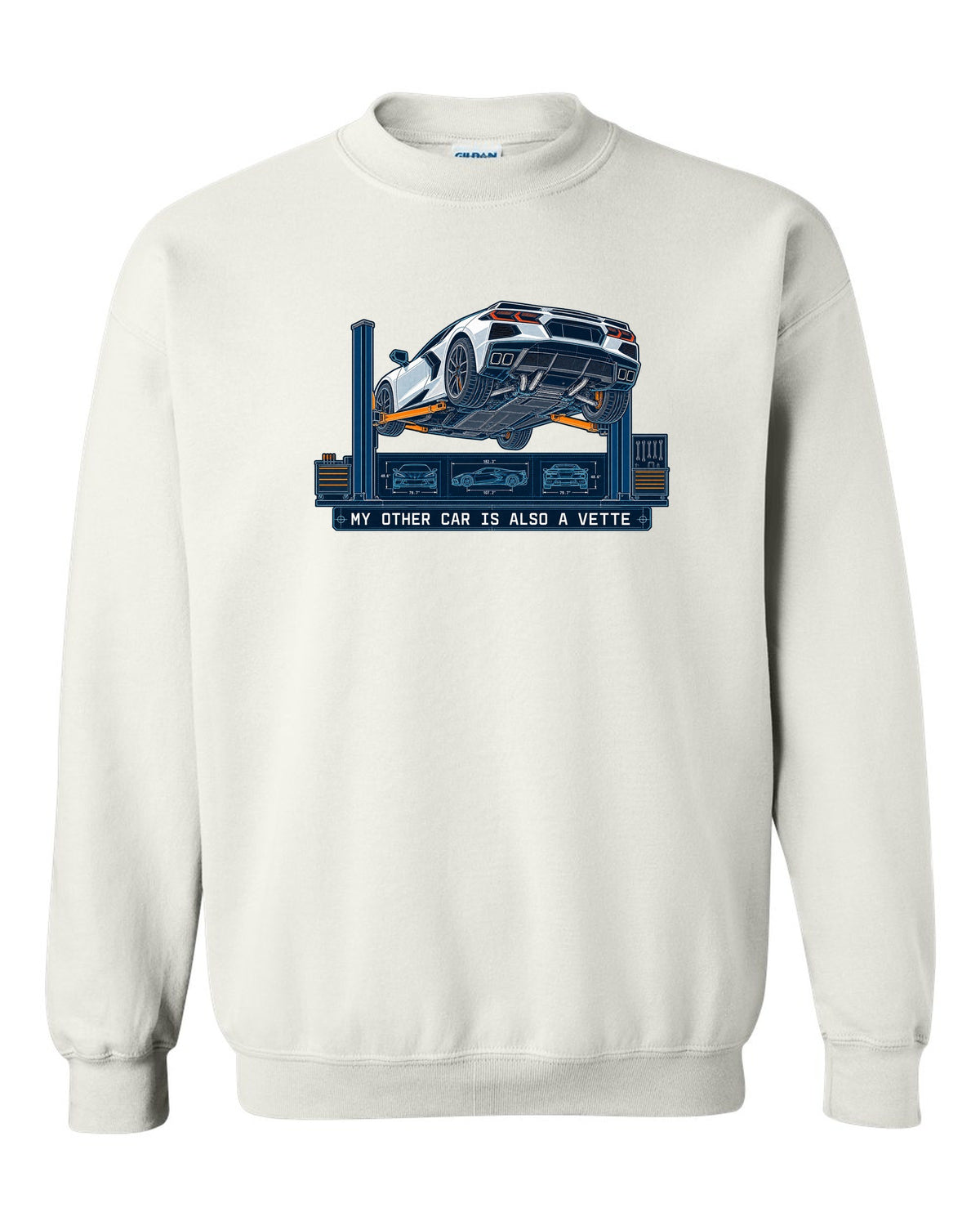 Blueprint line art of a 2020 Chevrolet Corvette C8 Stingray on a workshop lift white crewneck front view with the design