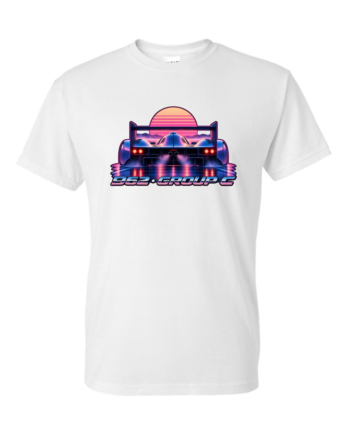 Synthwave gradient print of a Porsche 962 Group C long tail in dawn mist white t-shirt front view with the design
