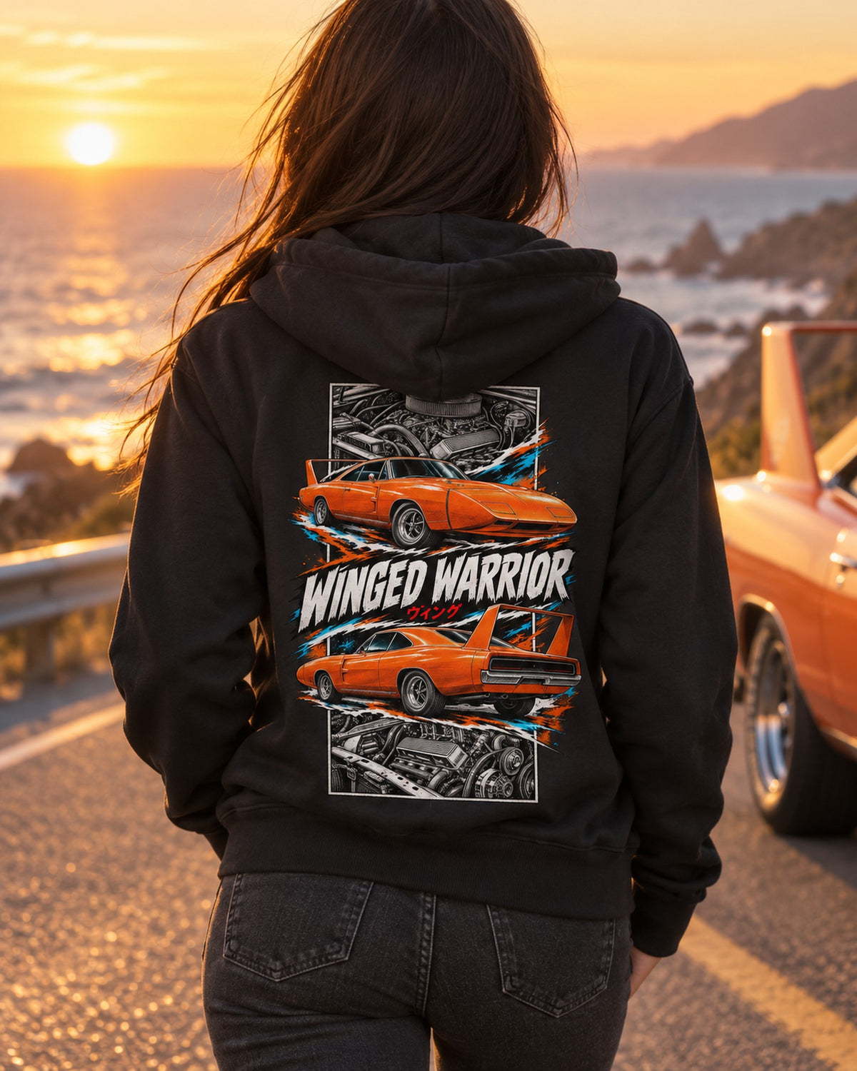 Dodge Charger Daytona Torn Poster Full-Back Graphic Tee Zip Hoodie Black worn hero
