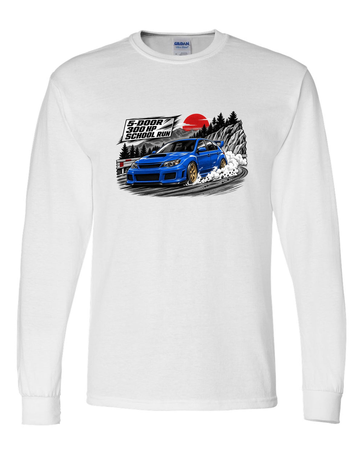 Subaru WRX STI GRB chback in a retro manga halftone panel, 5-DOOR / 300 HP / SCHOOL RUN white long sleeve front view with the design