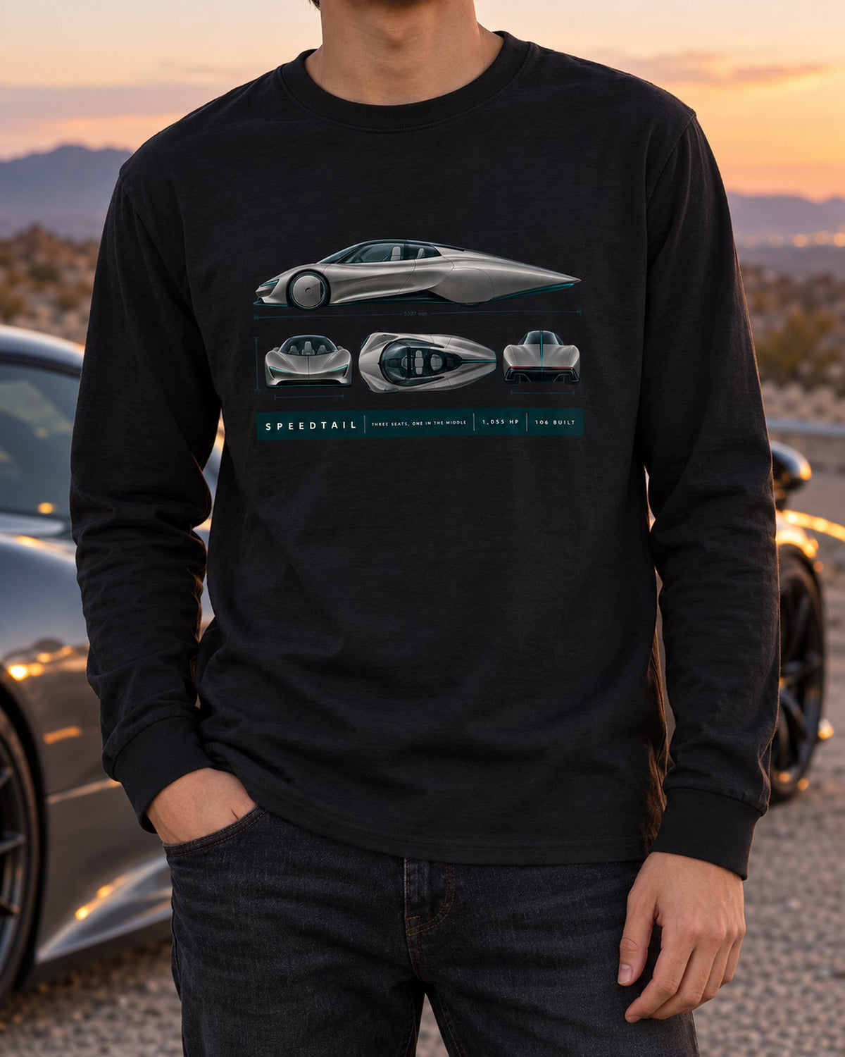 Speedtail Length Blueprint print Shirt, McLaren Gift Long Sleeve Black worn hero