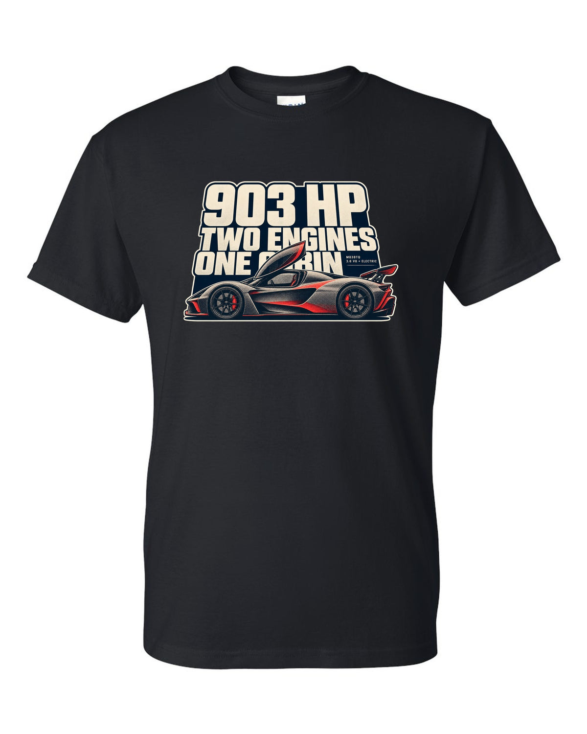 Halftone print of a McLaren P1 in warm grey and red, 903 HP two engines black t-shirt front view with the design