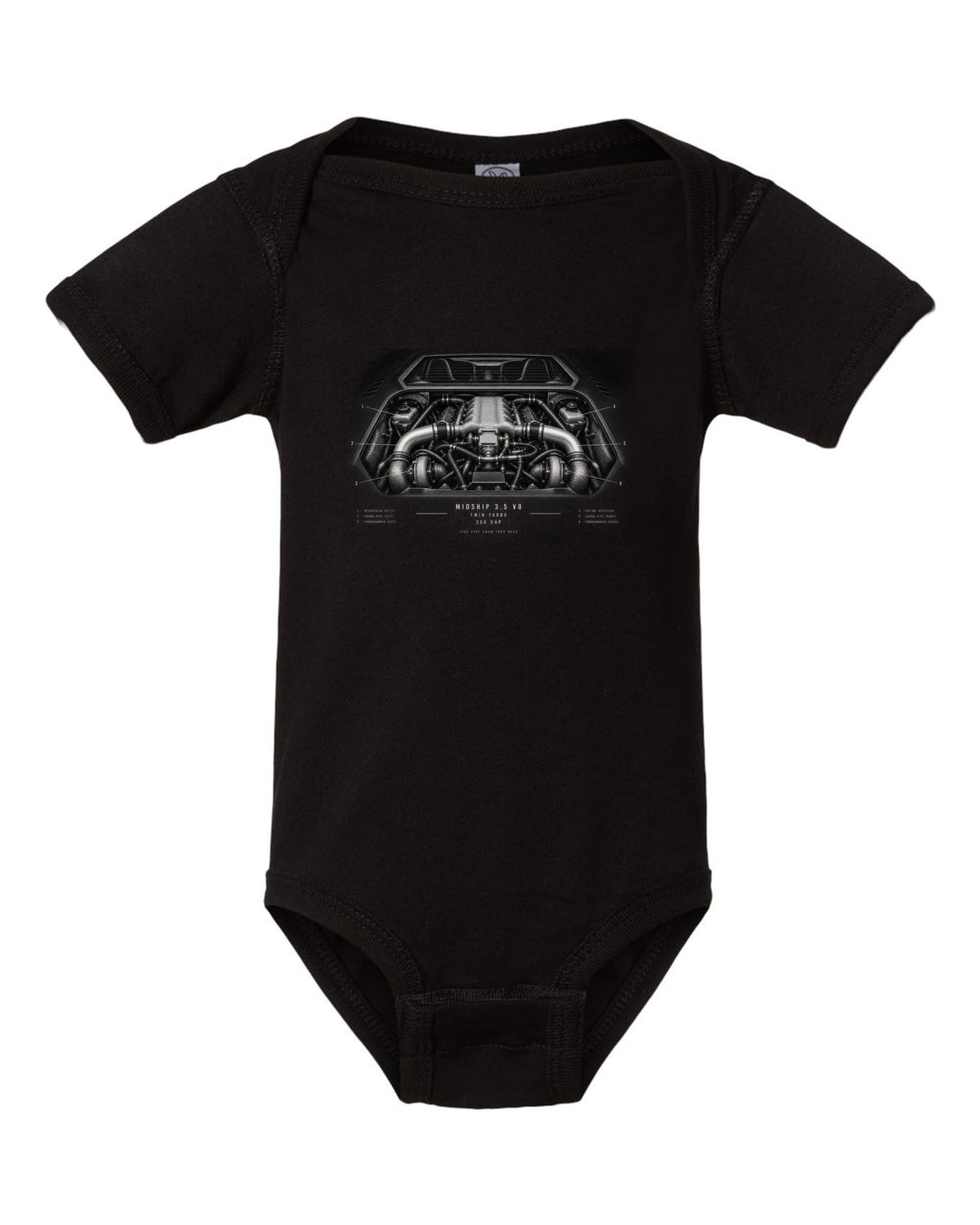 Engine hero print of a 1996 Lotus Esprit V8 with twin-turbo midship 3.5 V8 text black baby onesie front view with the design