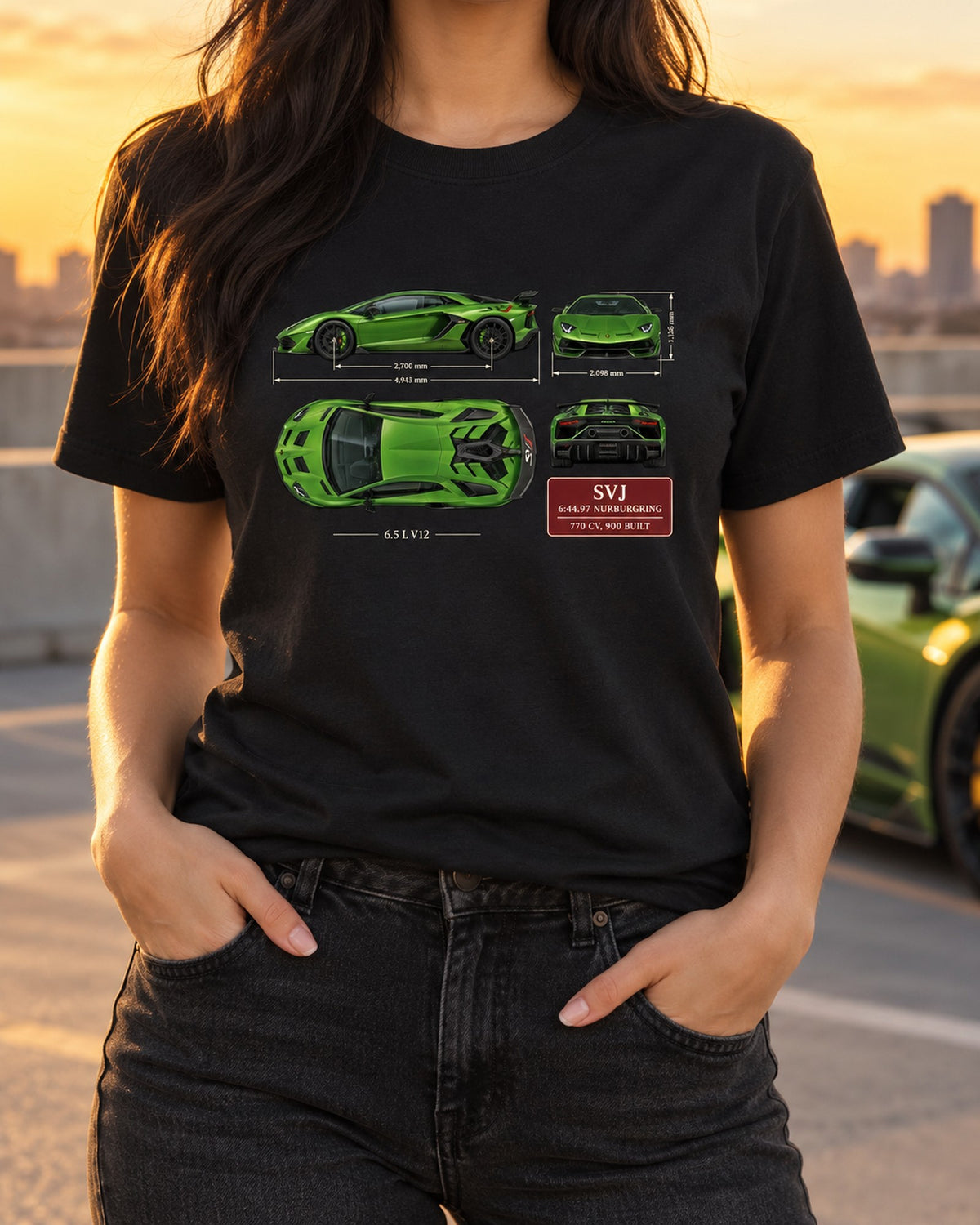 Aventador SVJ Blueprint Tee, Lamborghini Car Guy Gift T-Shirt Black worn hero
