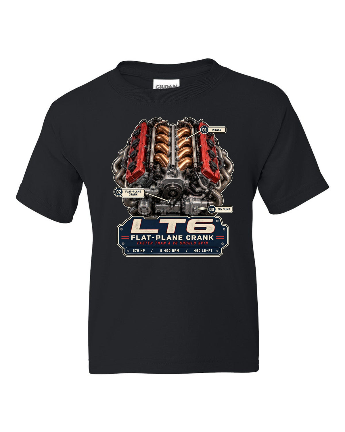 Engine hero print of the LT6 flat-plane V8 in a Chevrolet Corvette C8 Z06 black kids tee front view with the design