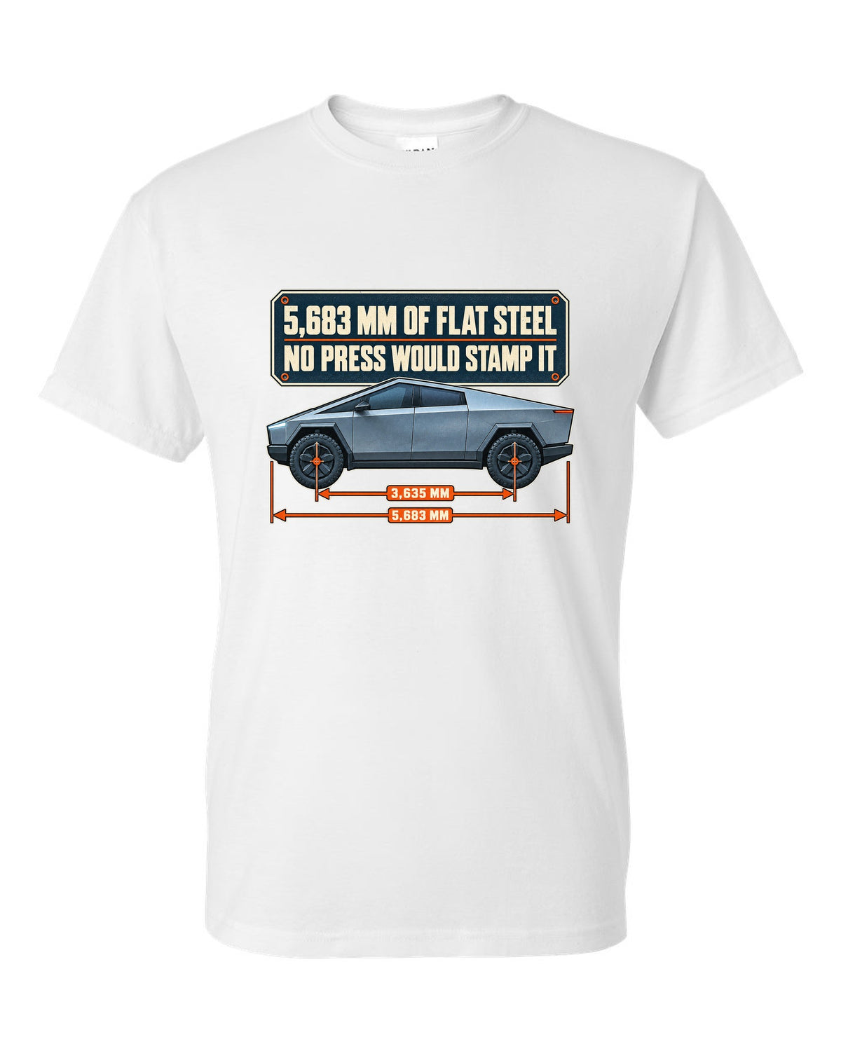 Dimension blueprint print of a Tesla Cybertruck with 5,683 mm length white t-shirt front view with the design