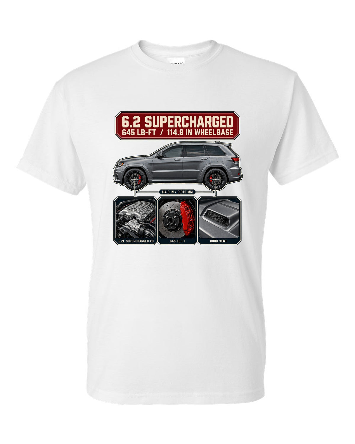 Dossier panel print of the Jeep Grand Cherokee Trackhawk WK2 with engine and torque white t-shirt front view with the design