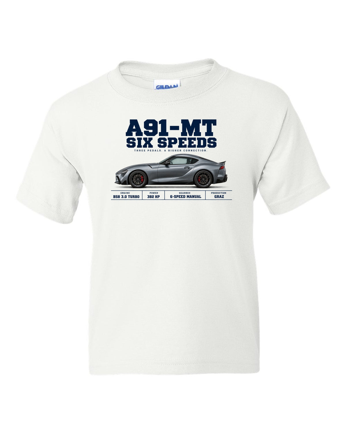 Signal red Toyota GR Supra A91-MT shown in three views with spec table white kids tee front view with the design