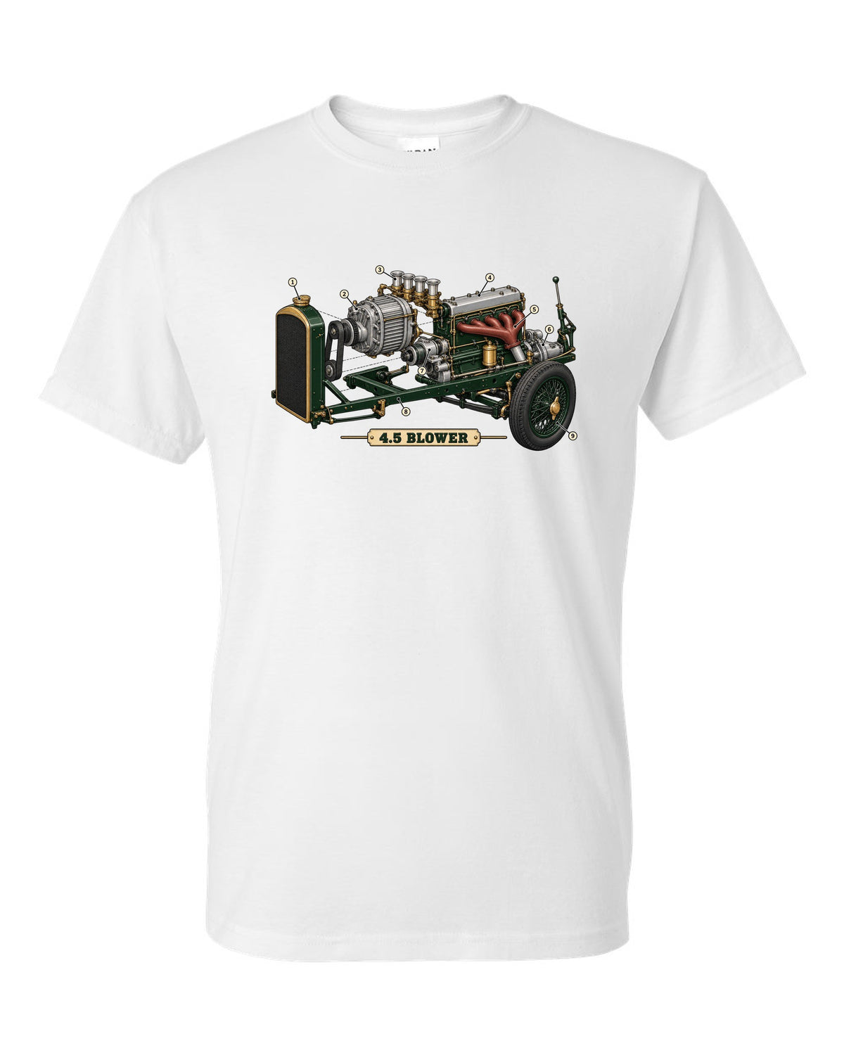 Exploded view diagram of the 1929 Bentley 4.5 Litre Blower supercharged engine with 4.5 BLOWER lettering white t-shirt front view with the design