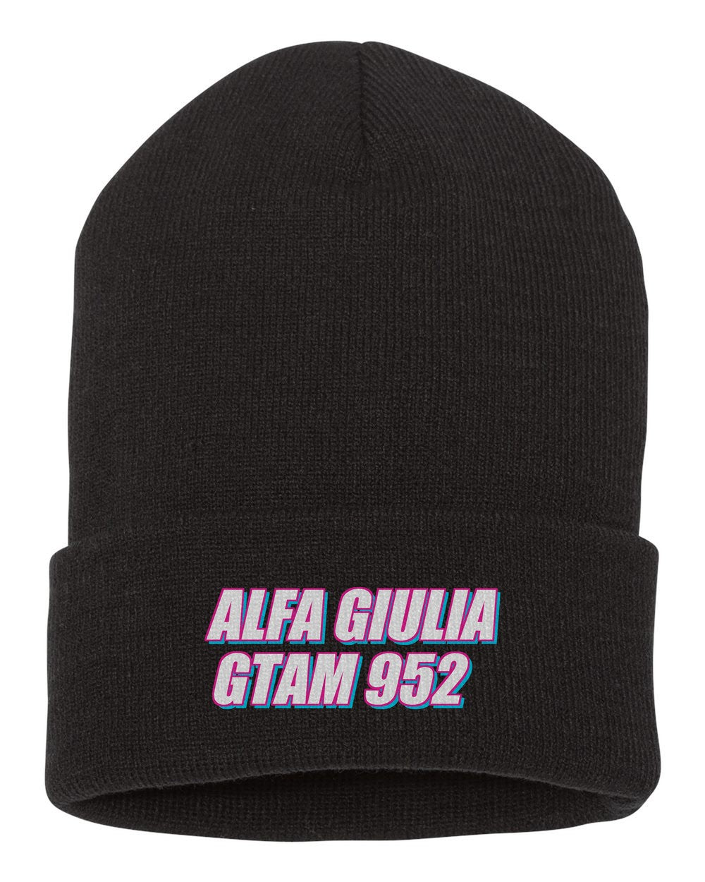 Alfa Giulia Gtam 952 black beanie front view with car name