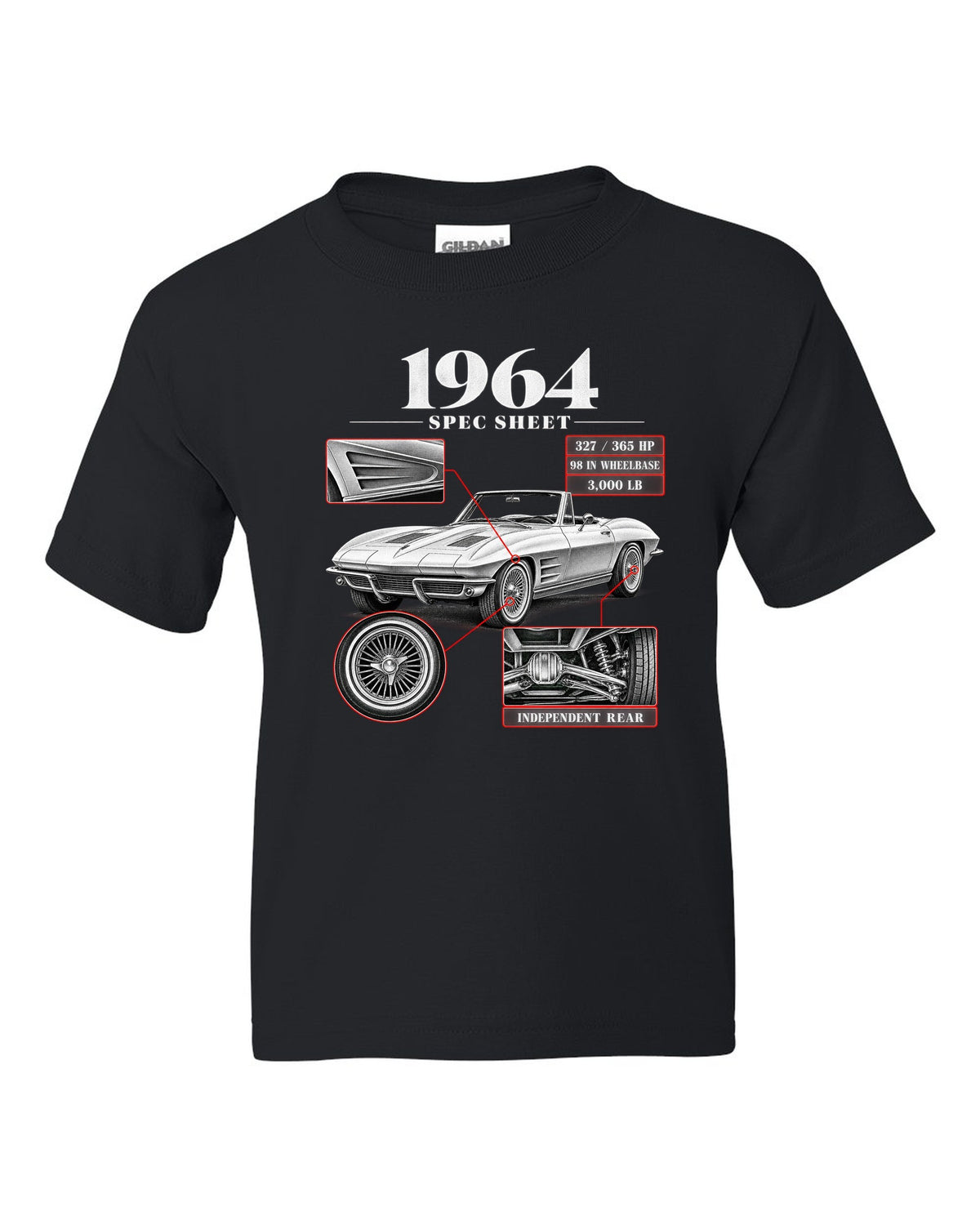 Chevrolet Corvette C2 Sting Ray 1964 convertible spec sheet print black kids tee front view with the design