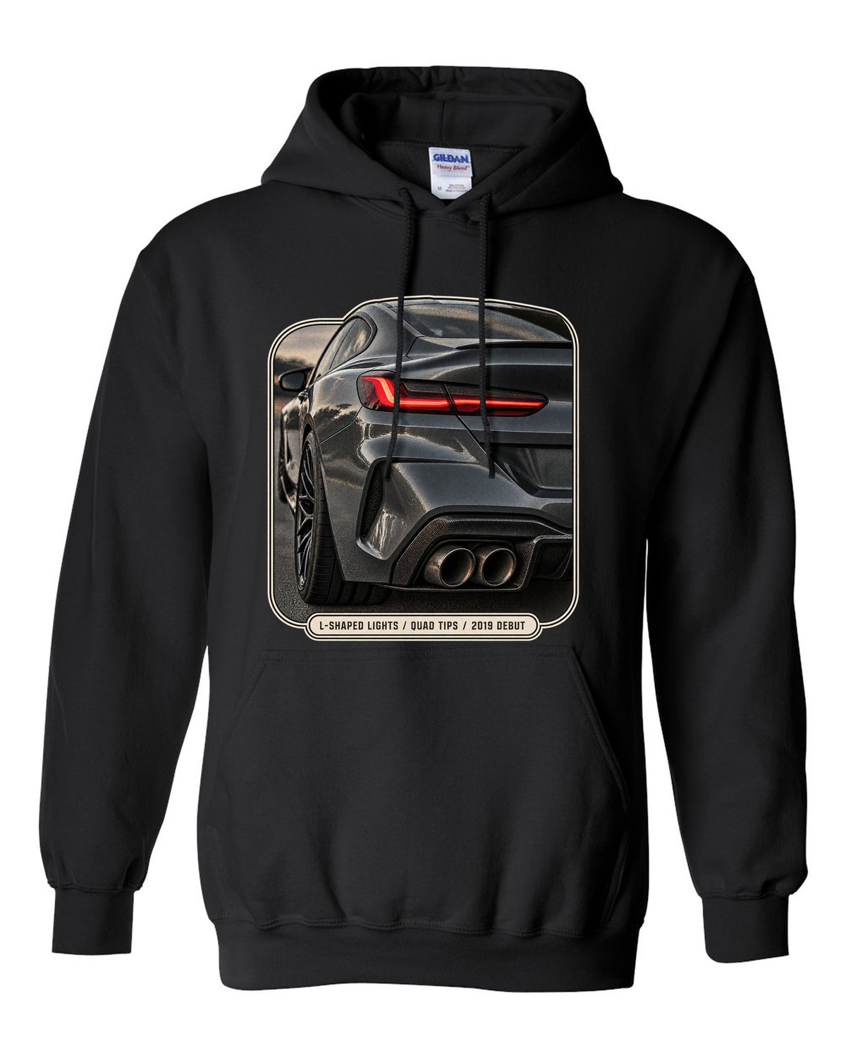 BMW M8 Competition F92 taillight detail macro print on a tee black pull over hoodie front view with the design