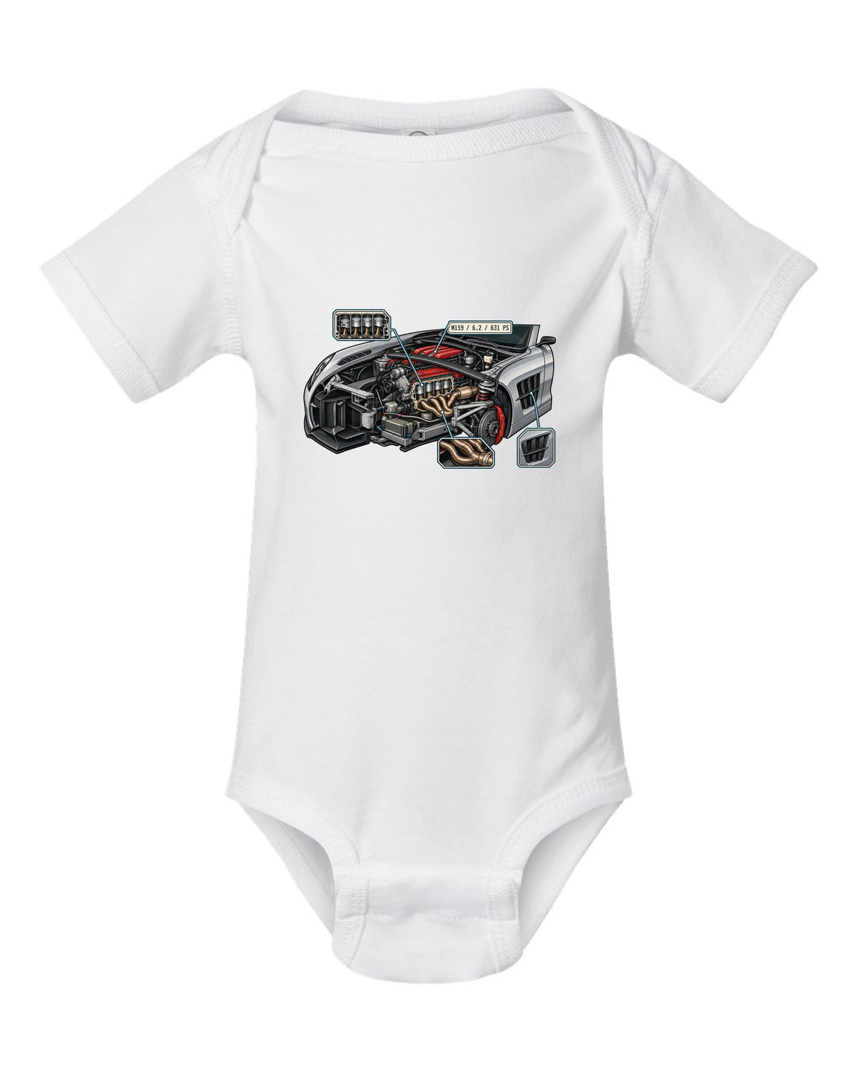 Technical blueprint line art of a Mercedes G-Class W463 with 2,850 mm note, print white baby onesie front view with the design
